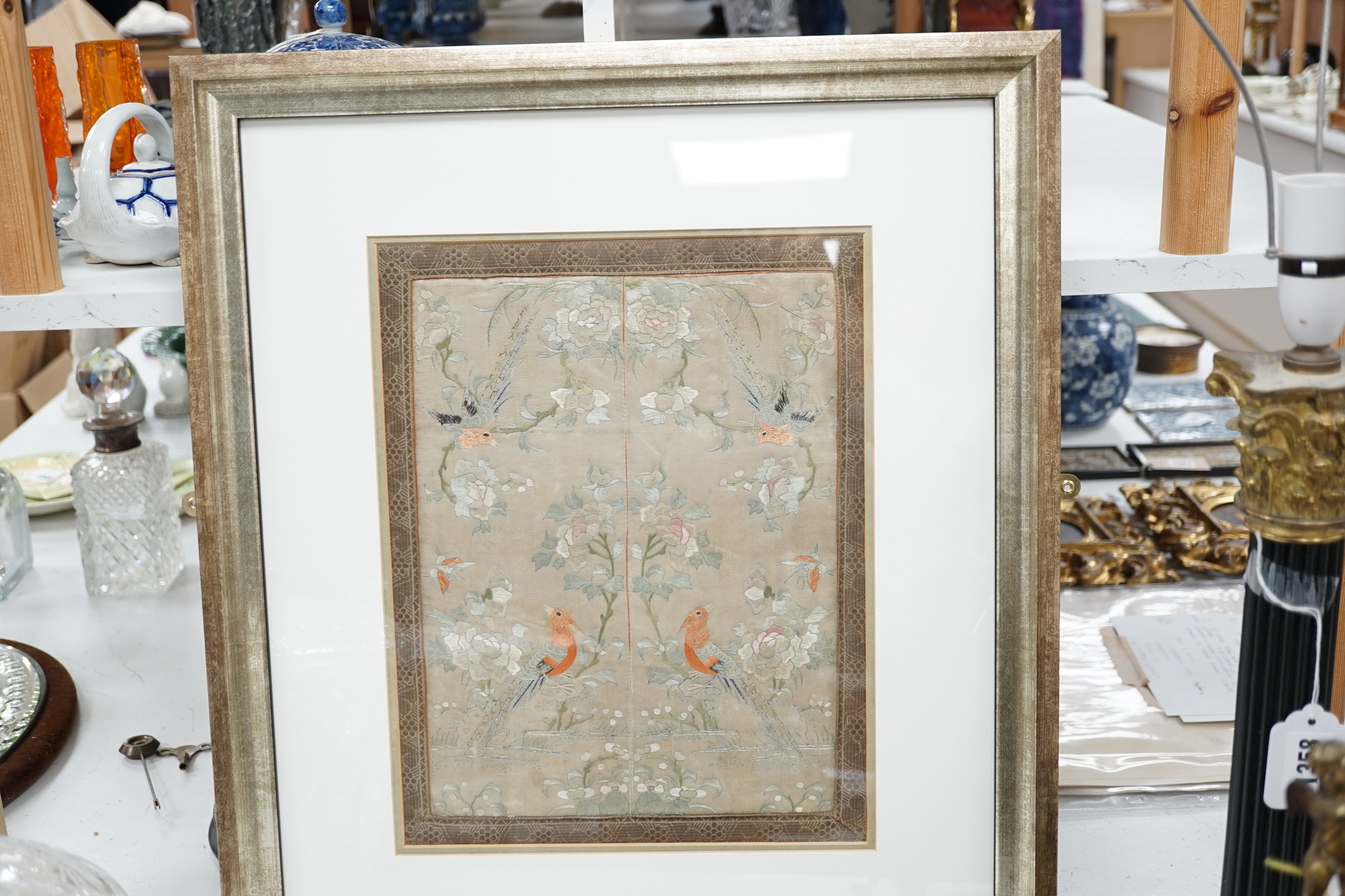 A framed Chinese embroidered silk panel, 37x29cm excl frame